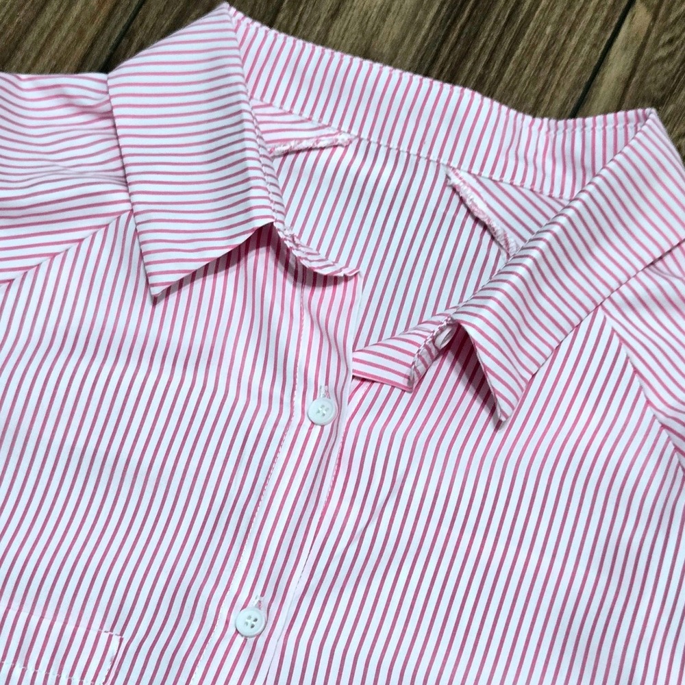 Pink White Striped Button Down Tunic Shirt Smocked Cuffs Relaxed Fit Top XL - Picture 8 of 9